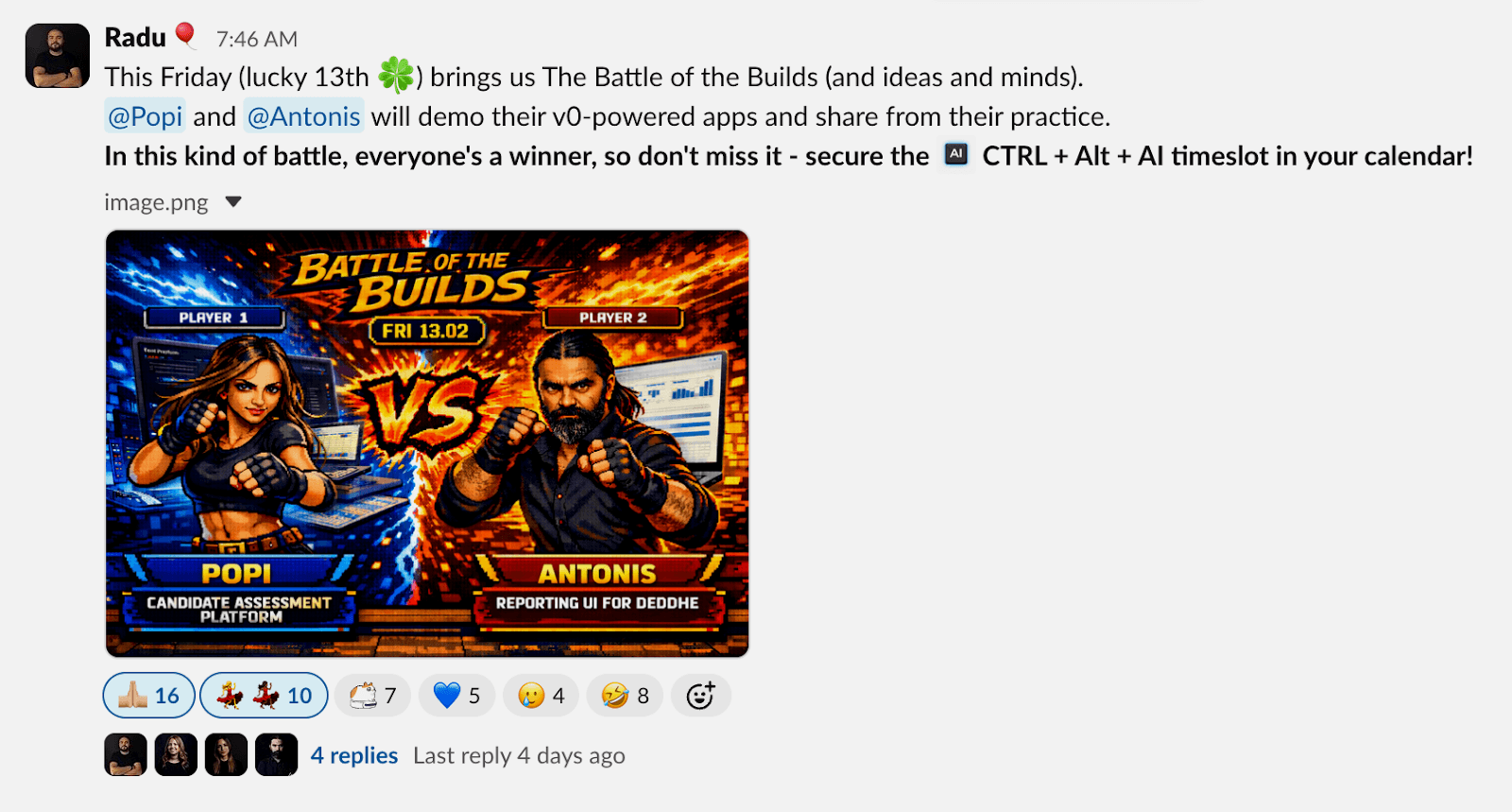 A Ctrl+Alt+AI "Battle of the Builds": two colleagues demo their v0-powered apps side-by-side.